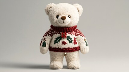 Holiday teddy bear in a cozy winter sweater isolated on a soft gray background, with holly berries and bells
