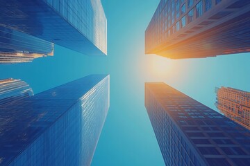 Sunlight Shining Through City Skyscrapers Looking Upward