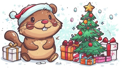 Naklejka premium A cute cartoon beaver wearing Christmas 