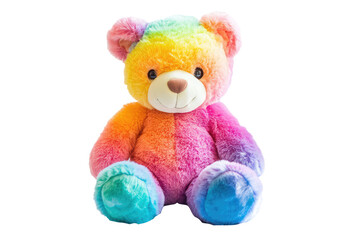 A vibrant rainbow-colored teddy bear crafted from plush material, sitting with a playful expression, showcasing its vivid hues and friendly demeanor for joyful moments.