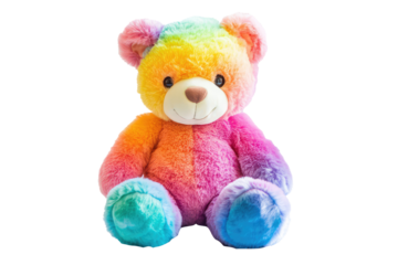 A vibrant rainbow-colored teddy bear crafted from plush material, sitting with a playful expression, showcasing its vivid hues and friendly demeanor for joyful moments.