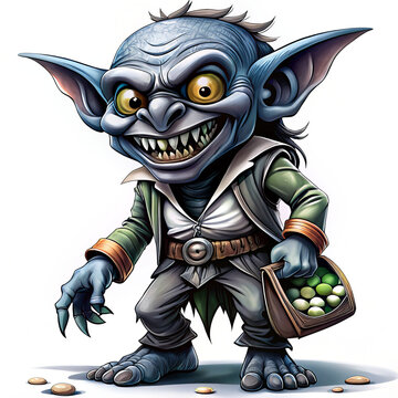 Good-natured goblin Grock in a suit with a bag cartoon fantasy chibi, on a white background