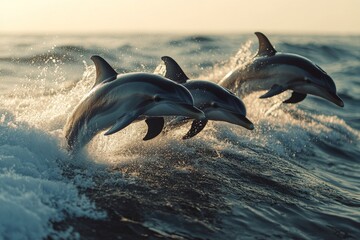Obraz premium Dolphins gracefully leaping over waves at sunset near a tranquil coastline in the ocean