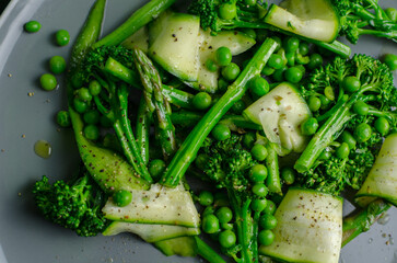 Warm green spring salad with asparagus, broccoli, peas, zucchini and olive oil, vegan healthy lunch salad in a grey plate, close up