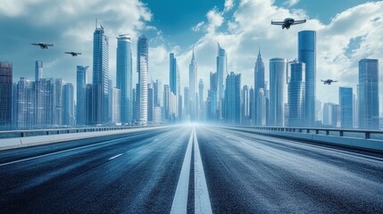 Fototapeta premium Futuristic Metropolis: Soaring Skyscrapers and Flying Drones in the Sky