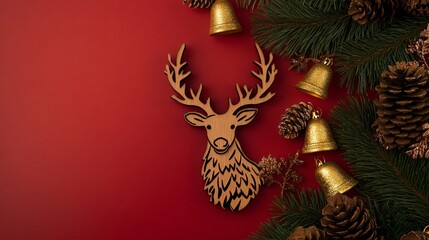 Wooden reindeer Christmas ornament isolated on a rich red background, with pine cones and golden bells surrounding
