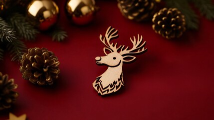 Wooden reindeer Christmas ornament isolated on a rich red background, with pine cones and golden bells surrounding