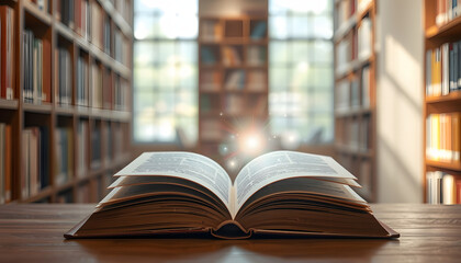 Fototapeta premium Open Book with abstract magic bright light on wooden table and blurred bookshelf in the library isolated with white highlights, png
