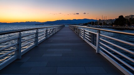 Obraz premium A long pier with a sunset in the background.