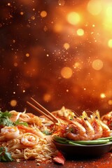 Tasty shrimp with noodles at a festive gathering filled with vibrant decorations