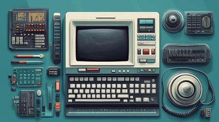 Retro computer with accessories on blue background.