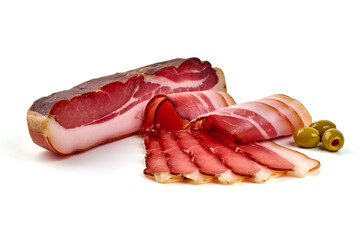 Delicious Serrano ham, cured jamon iberico, isolated on white background.