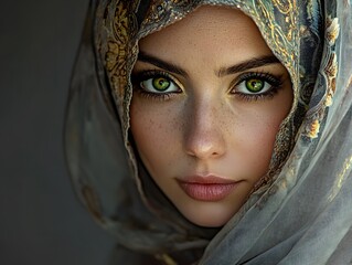 Naklejka premium A woman with green eyes wearing a headscarf and veil