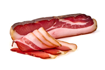 Obraz premium Delicious Serrano ham, cured jamon iberico, isolated on white background.