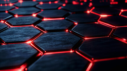 Fototapeta premium Hexagonal pattern with red illuminated highlights, creating a futuristic and luxurious abstract texture background