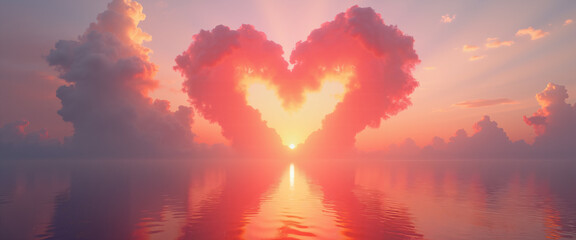 A heart-shaped cloud formation over a body of water at sunset, with vibrant pink and orange hues.