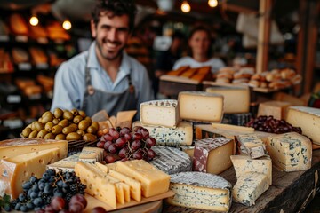 two sellers are selling cheese at a local market and welcome customers. There are various types of farmers cheese and fruits on the counter
