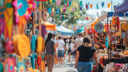 Obraz premium A colorful street market where vendors from different cultures are selling handmade crafts, foods, and art. A diverse crowd is exploring the stalls, trying samples, and interacting