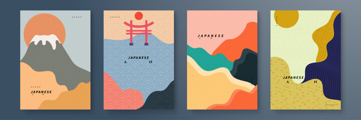 Set of Abstract Japanese Art Posters with Minimalist Design. A collection of four abstract Japanese art posters featuring minimalist design and pastel colors