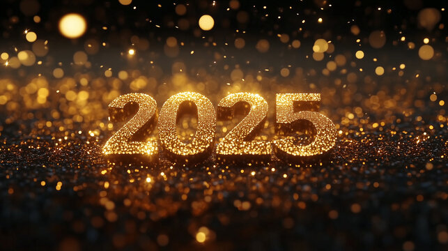 Design an enchanting animated scene featuring '2025' in shimmering gold text on a rich dark background. The animation should incorporate a flurry of glitter and sparkling light eff