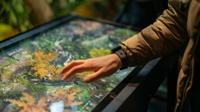 Hand touches a digital screen with nature info at a modern exhibition, offering a futuristic educational experience