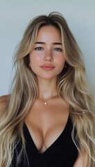 Naklejka premium A woman with long blonde hair and a black top