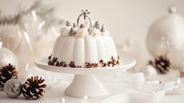 Elegant Christmas pudding with silver cake topper, isolated on a soft white background, with pinecones and ribbon curls
