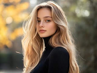 Naklejka premium A woman with long blonde hair and a black top