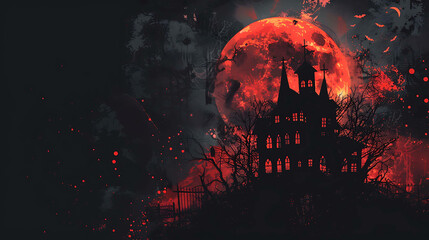 Fototapeta premium A dark and mysterious haunted house with a blood-red moon in the background. The perfect backdrop for a Halloween party or a horror movie.
