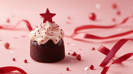 Mini Christmas pudding with a Christmas star topper isolated on a soft pink background, with holiday ribbons