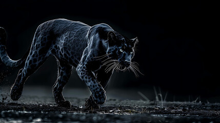 A black panther stalks through the jungle, its sleek fur blending in with the shadows.