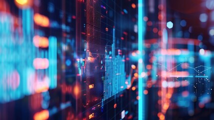Digital screen with abstract financial data and colorful charts