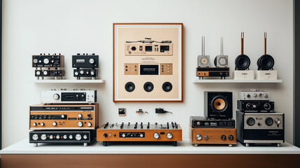 Fototapeta premium Collection of vintage audio equipment including receivers, amplifiers, turntables, and speakers on display shelves against a white wall with a framed poster.