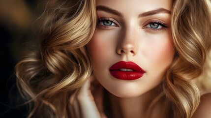 Fototapeta premium A woman with red lips and a blonde hair posing for the camera