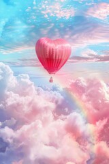 Fototapeta premium Whimsical Valentine's Hot Air Balloon in Dreamy Pastel Skies for Greeting Card Design