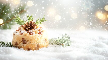Small Christmas pudding with rosemary garnish, isolated on a frosty white background, with snowflakes and lights