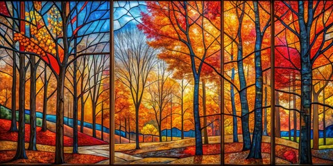 Enchanting Autumn Forest Stained Glass Window - Vibrant Foliage in Warm Hues, Tranquil Scene for Home Decor or Nature Themes
