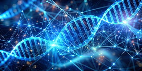 Ethereal Blue DNA Double Helix - Abstract 3D Scientific Illustration with Intricate Network Background Modern Biotechnology Concept