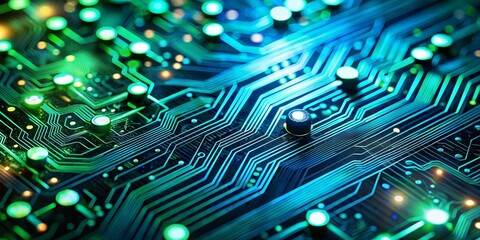 Futuristic Blue-Green Circuit Board Close-Up Intricate Lines and Detail for Technological Designs and Innovation Concepts