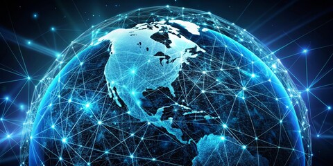 Interconnected Blue Globe Global Communication Network Concept with Glowing Lines, Technology Connection Abstract Digital Illustration for Technology and Connectivity Projects