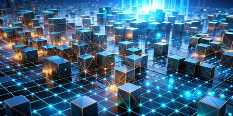 Interconnected Blue Cubes Network Futuristic Grid with Glowing Lights and Golden Lines, Dynamic...