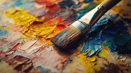 Fototapeta premium A close-up of a vibrant paint palette with a brush resting on colorful paint.