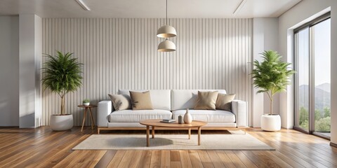 Fototapeta premium Luxurious Minimalist Living Room Interior with White Sofa, Natural Elements, and Serene Atmosphere - Modern Home Decor Inspiration