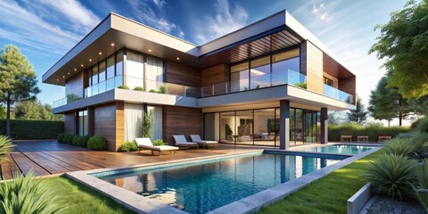 Fototapeta premium Luxurious Modern House with Swimming Pool and Lush Greenery - Contemporary Architectural Design in Tranquil Setting