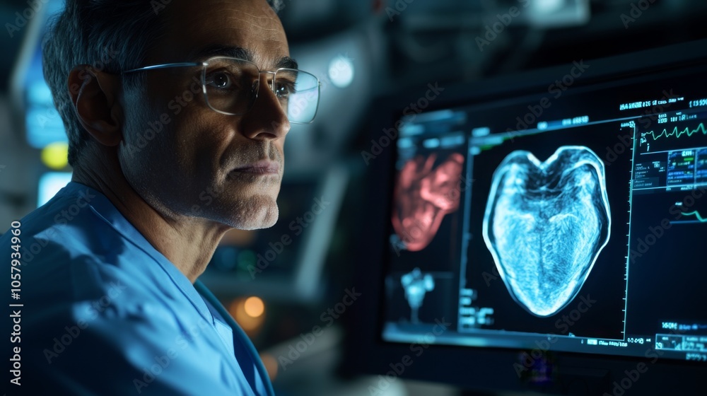 Aufkleber a doctor intently examines heart scan images displayed on a digital monitor in a high-tech medical f