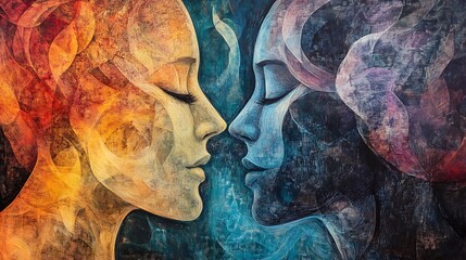 Abstract Watercolor Painting of women and man Faces in Profile