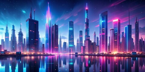 Neon Dreams Futuristic Cityscape Panorama with Vibrant Skyscrapers, Starlit Night Sky, and Shimmering Reflections - Cyberpunk Urban Fantasy for Digital Art, Film, and Technology