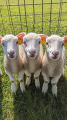 Obraz premium Three young lambs stand together in a sunny field near a fence on a warm afternoon
