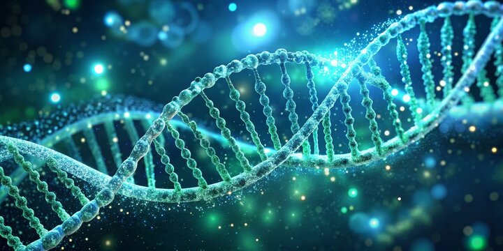 Scientific Marvels Detailed 3D DNA Double Helix Structure in Teal-Green Glow, Ethereal Space Background - Educational Genetics Concept for Presentations, Biology Materials, and