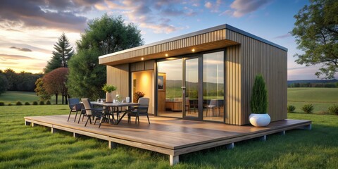Obraz premium Serenity in Nature Minimalist Modern Cabin Amid Lush Greenery Tranquil Retreat for Architectural Exploration Real Estate Delight